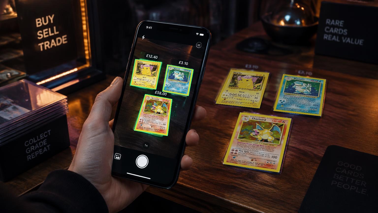 Phone scanning real Base Set Pikachu, Charizard and Blastoise cards with live AR outlines and prices